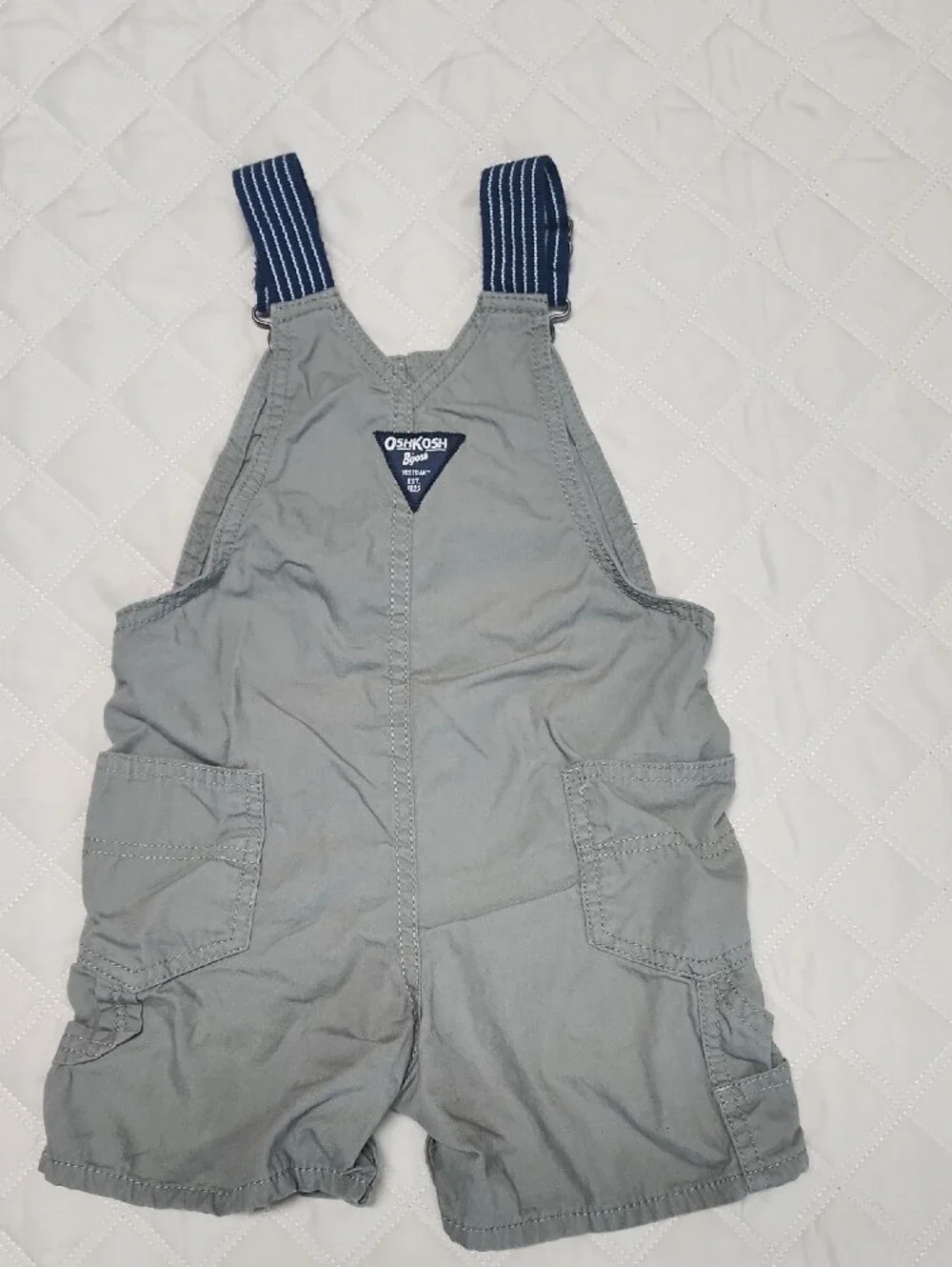 OshKosh B'gosh Olive Green Short Overalls with Navy Striped Straps 24 Months